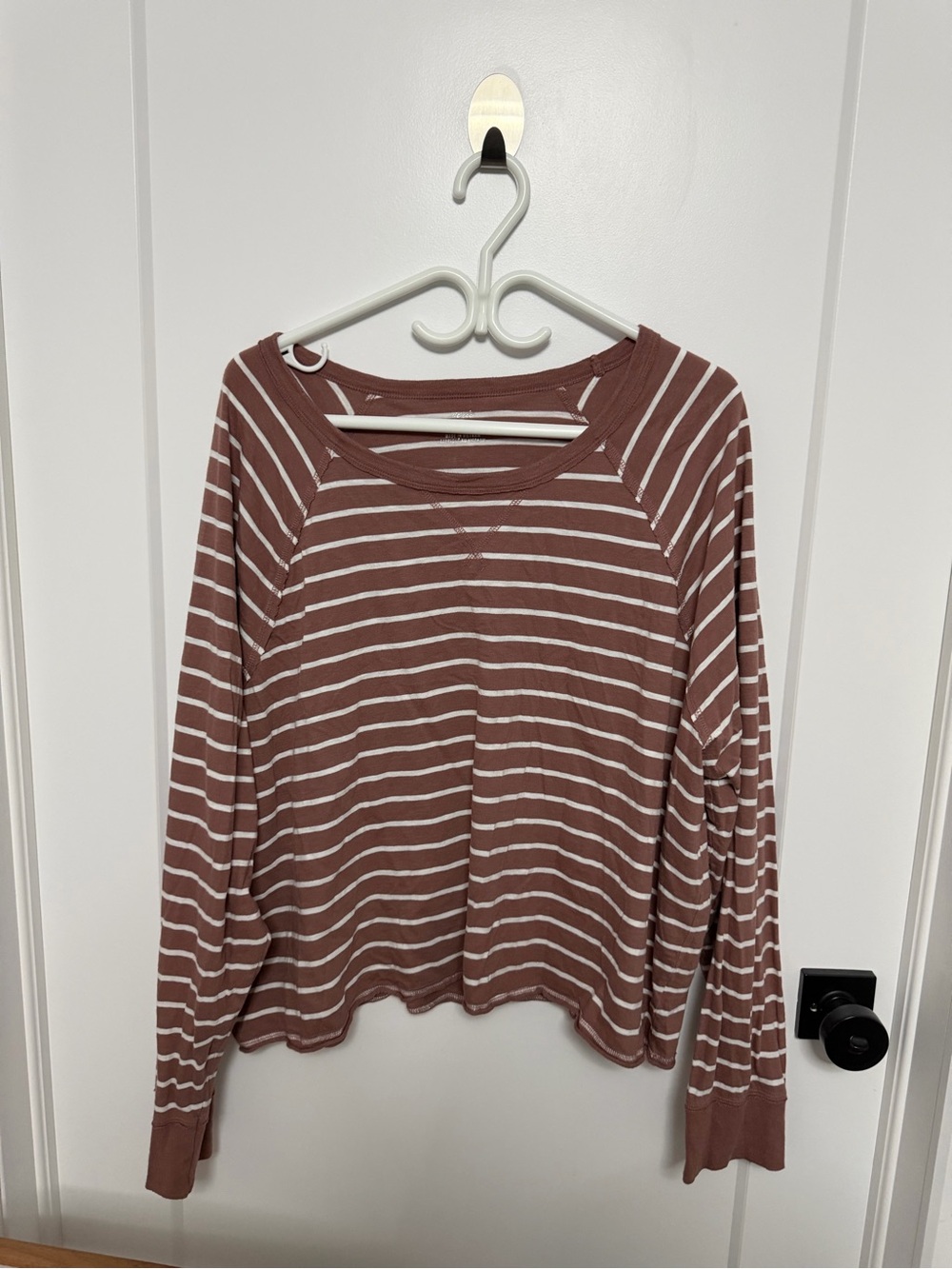 aerie Mauve and White Striped Long-Sleeve Crewneck Top